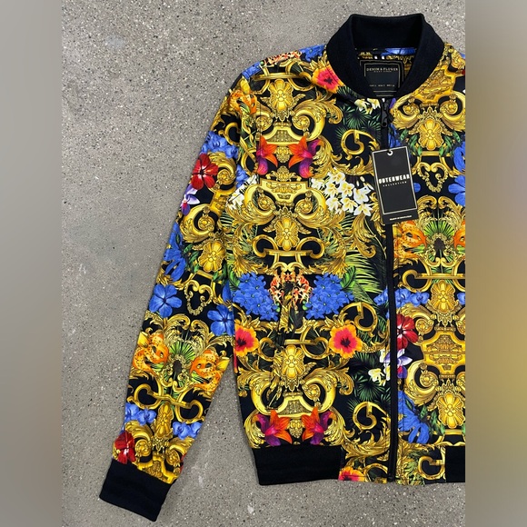 NWT Denim & Flower Ricky Singh Full Zip Floral Bomber Jacket Gold/Black Versace - Picture 5 of 14